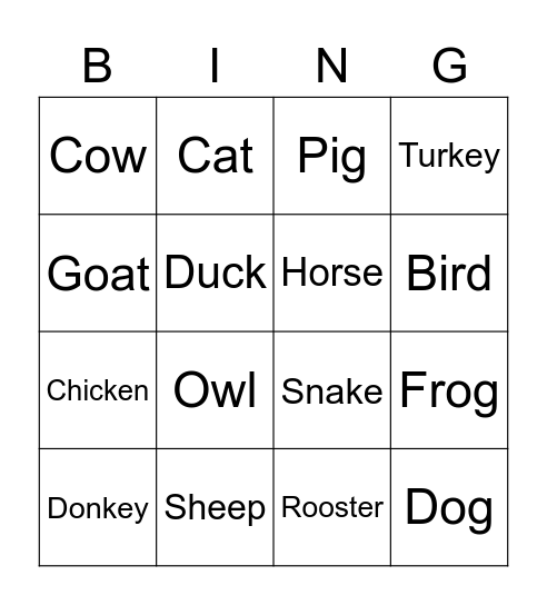 Farm Animal Bingo Card