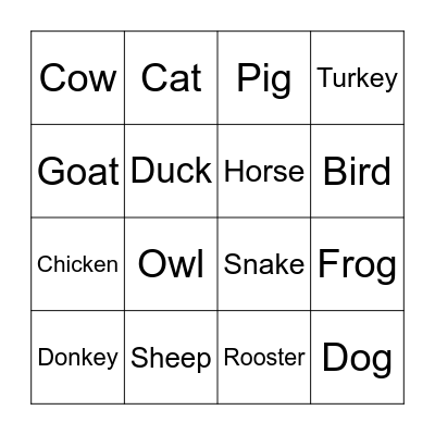 Farm Animal Bingo Card