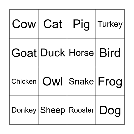 Farm Animal Bingo Card