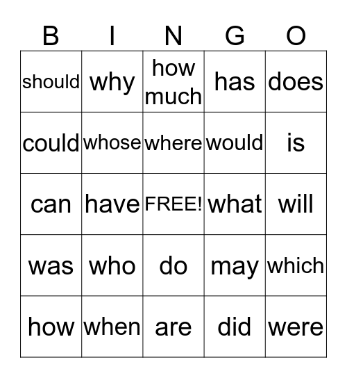 Question Words Bingo Card