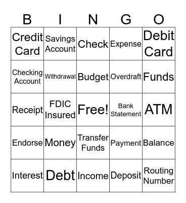 Money Management Bingo Card