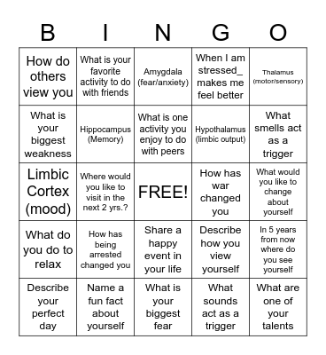 PTSD Bingo Card
