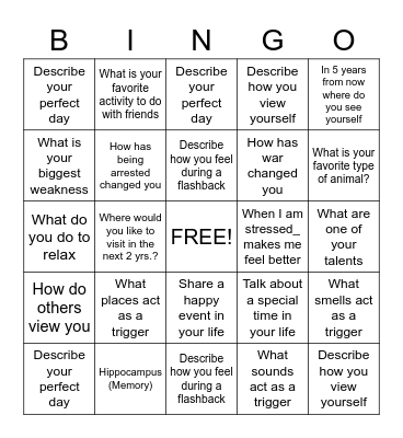 PTSD Bingo Card