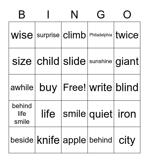 Spelling Lesson 10 Bingo Card