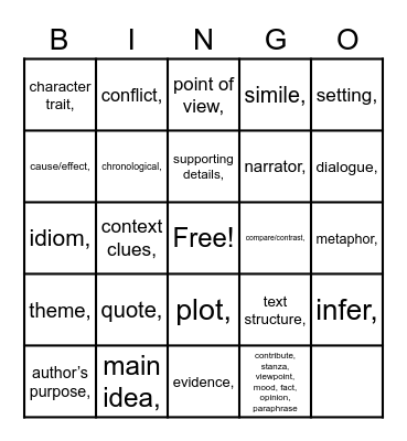 STAAR Vocabulary Bingo Card