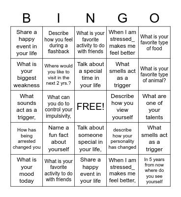 PTSD Bingo Card