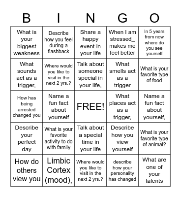 PTSD Bingo Card