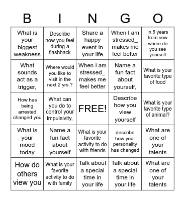 PTSD Bingo Card