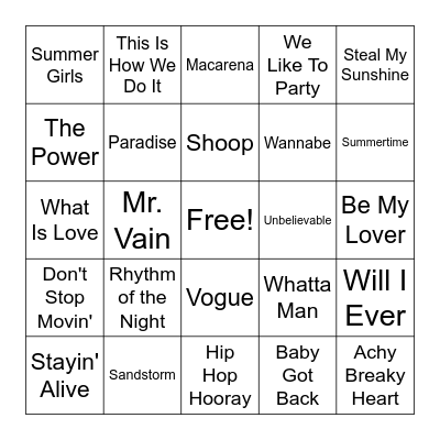 90s Dance Party Bingo Card