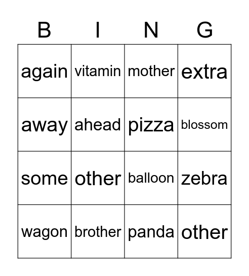"schwa" sound BINGO Card