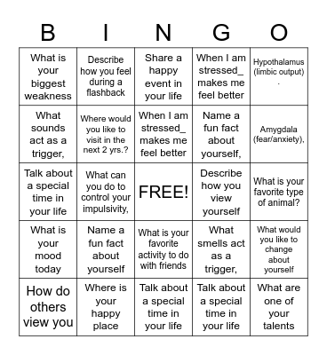 PTSD Bingo Card