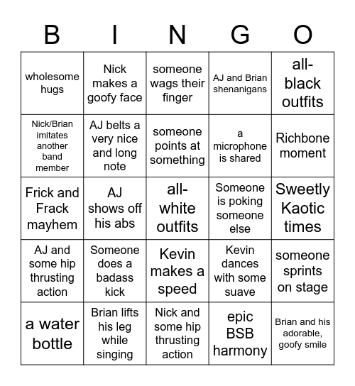 BSB Concert Shenanigans Bingo Card