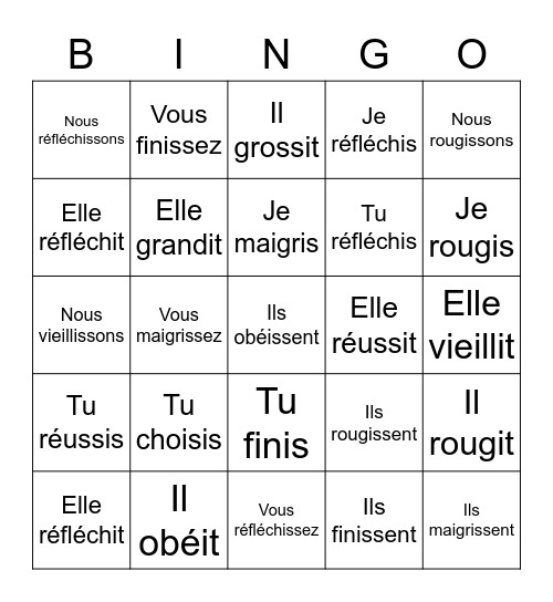 French -ir verbs Bingo Card