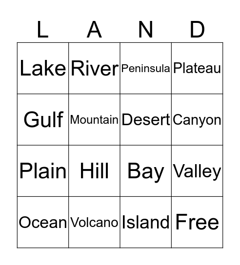 Landform Bingo Card