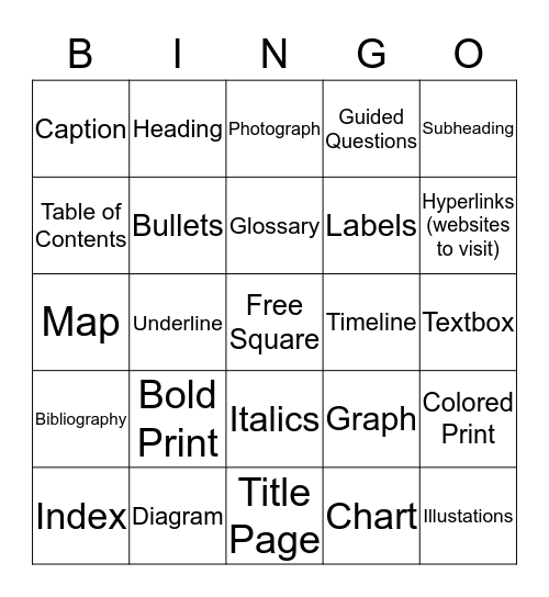 Non-Fiction Text Features Bingo Card