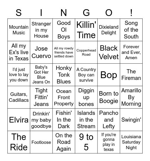 80's Country Singo Bingo Card