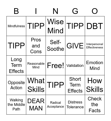 DBT Skills Bingo! Bingo Card