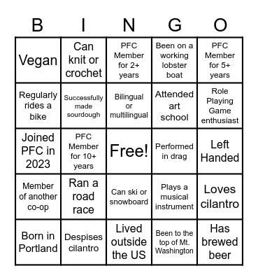 PFC Annual Meeting Bingo Card