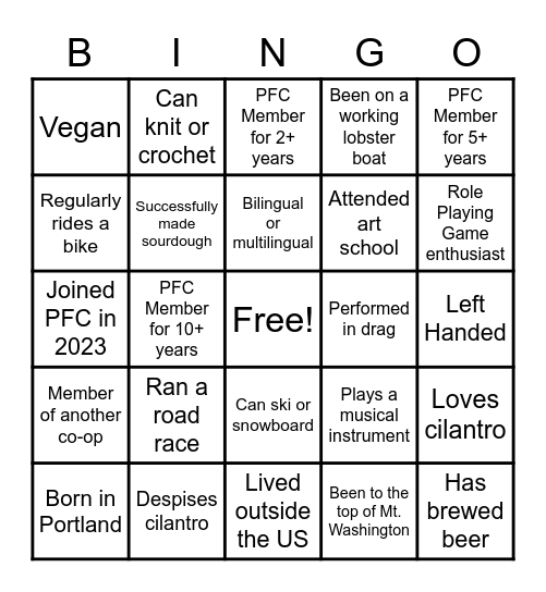 PFC Annual Meeting Bingo Card