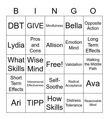 DBT Skills Bingo! Bingo Card