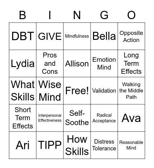 DBT Skills Bingo! Bingo Card