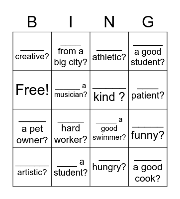 Verb to be Bingo Card