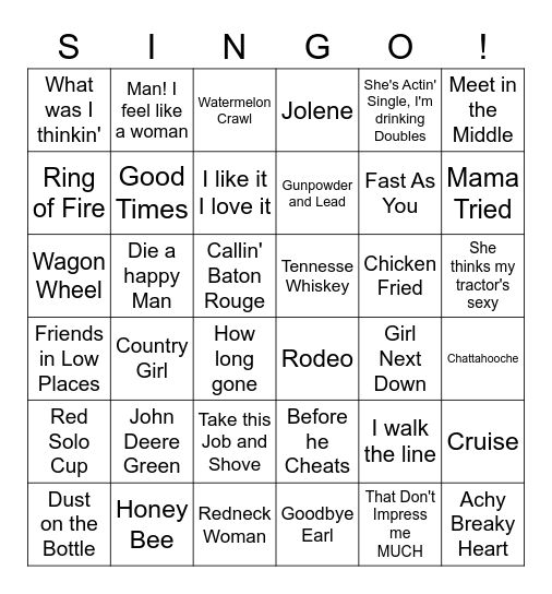 Country Singo Bingo Card