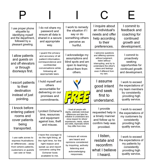 OLG Values & Standards BINGO Card