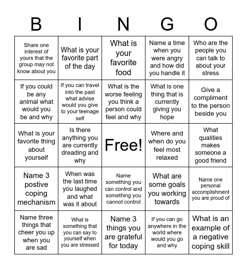 Mental Health Bingo Card