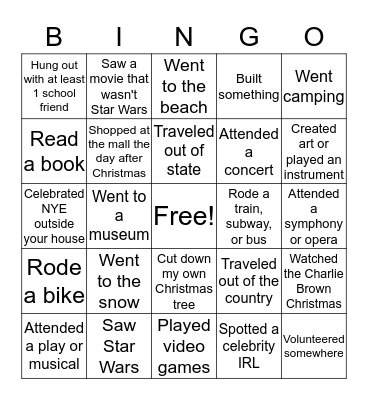 Winter Break Bingo Card