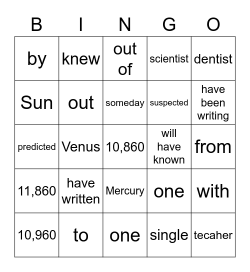 Guess the word Bingo Card