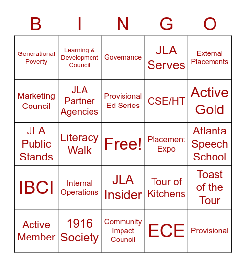 JLA Bingo Card
