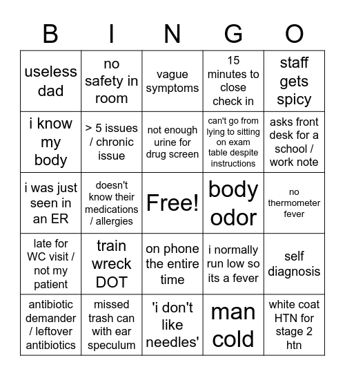 Urgent Care Bingo 4/21/2023 Bingo Card