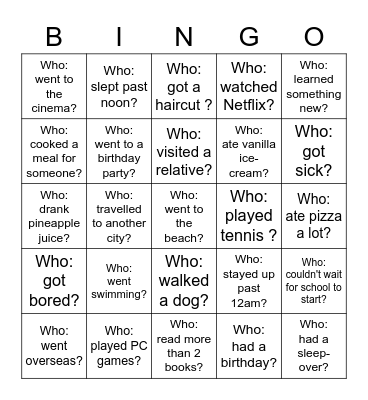 Back-to-School Bingo - What did you do over the holiday? Bingo Card