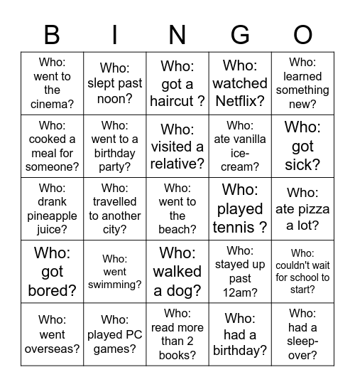 Back-to-School Bingo - What did you do over the holiday? Bingo Card