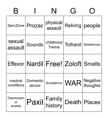 PTSD Bingo Card