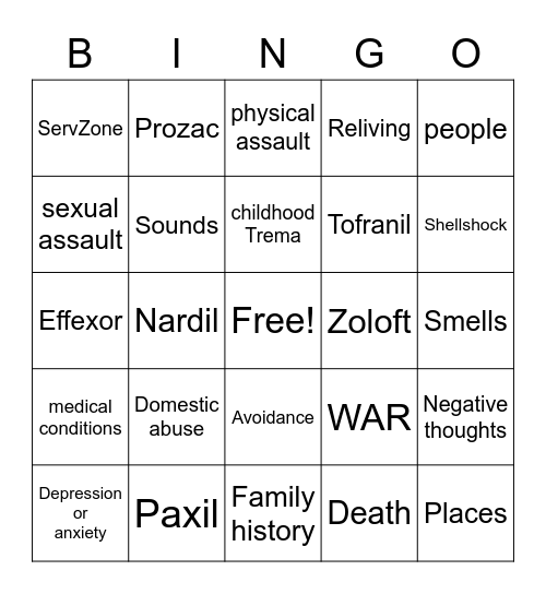 PTSD Bingo Card