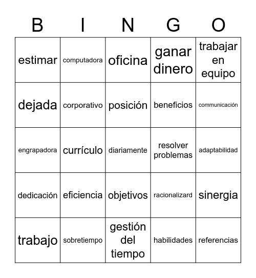 Spanish Work Word Bingo Card