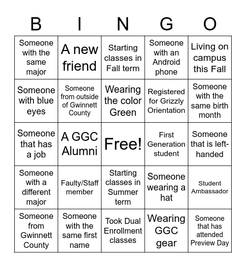 Grizzly Connecter Bingo Card