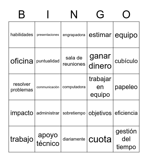 Spanish Work Word Bingo Card