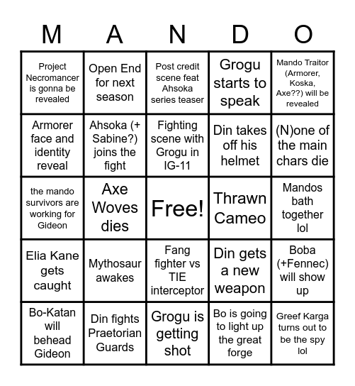 Mando Season 3 Finale Bingo Card