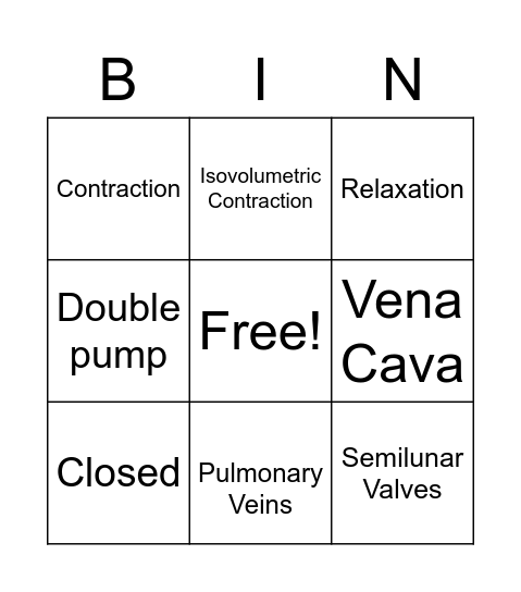 Cardiac Cycle Bingo Card