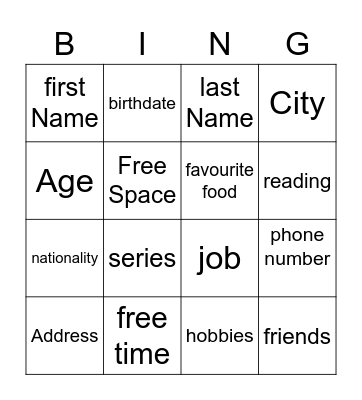 Personal ID Bingo Card