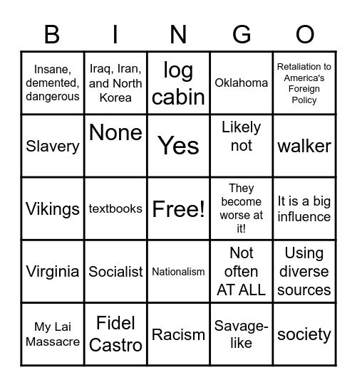 Lies My Teacher Told Me Bingo Card