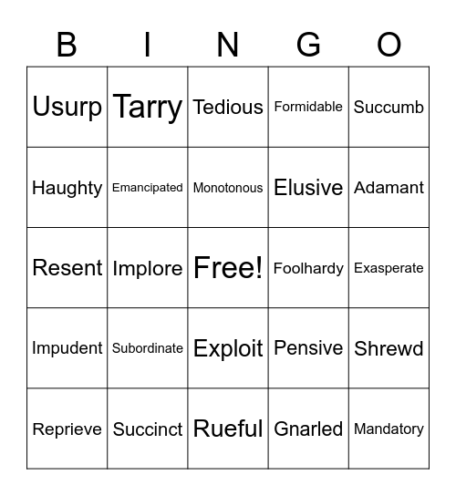 Vocabulary Bingo Card