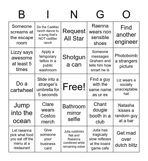 Bachelorette Bingo Card