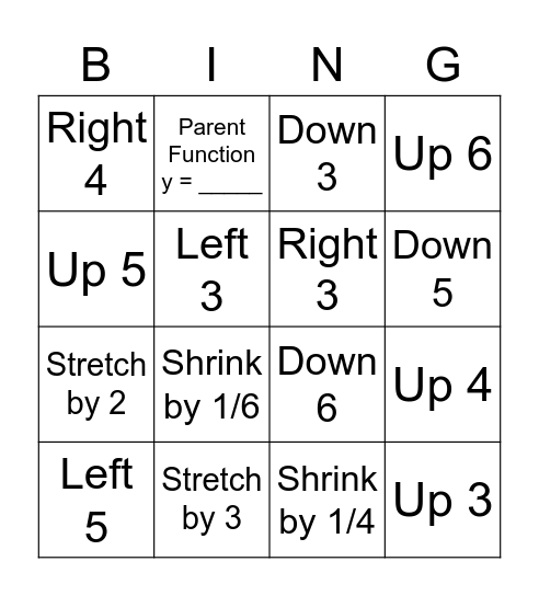 Quadratic Transformation Bingo Card