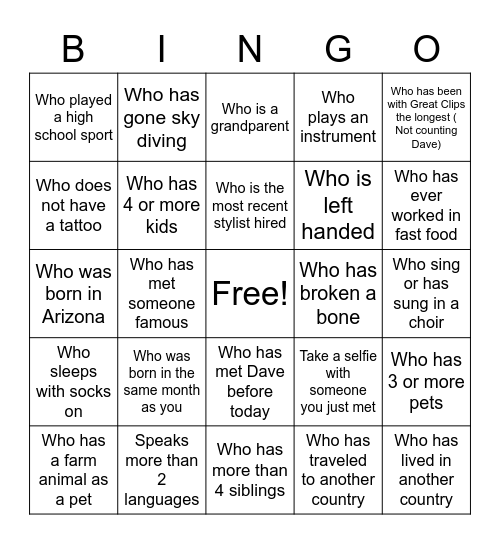 Great Clips Bingo Card