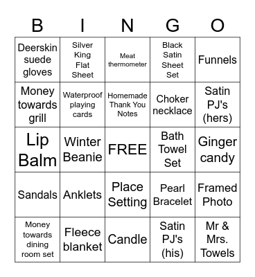 Bridal Bingo Card