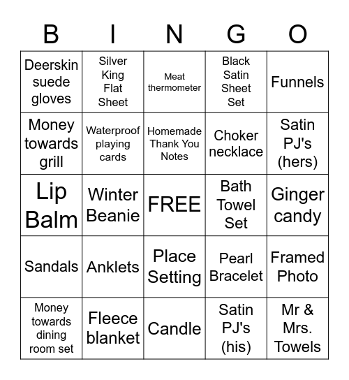 Bridal Bingo Card